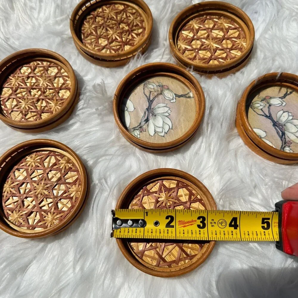Vintage 7 Piece Set Bamboo Boho Coasters Ornate Midcentury Retro Mod Geo Decor